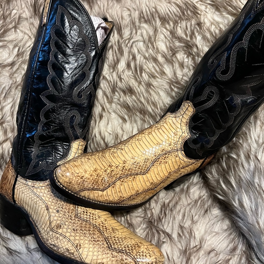 Dan Post Two-Tone Black & Tan Exotic Snake Western Boots Sz 9 D